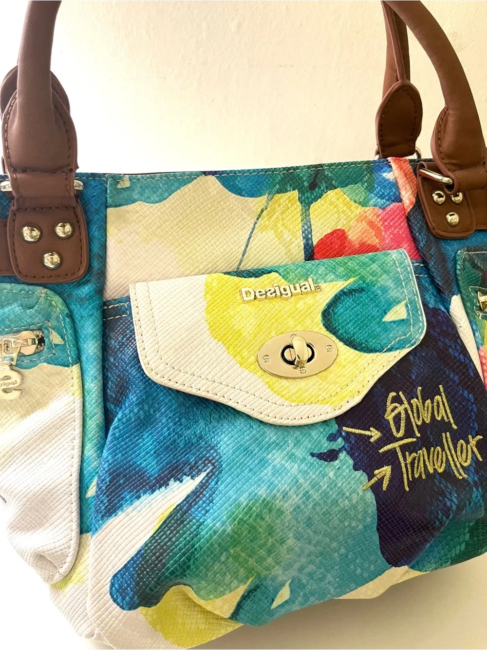 NWOT Rare Desigual Global Traveller Abstract Watercolor Satchel Bag